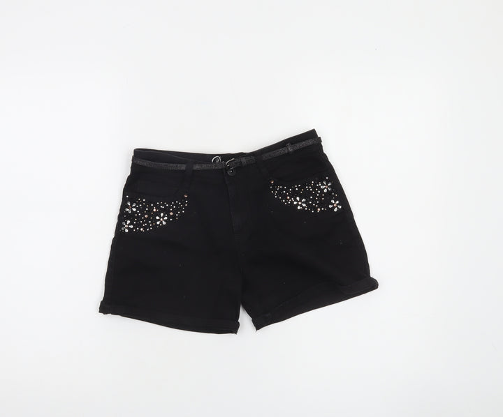 Denim Co. Girls Black Chino Shorts 13 Years Cotton Stretch Embellished