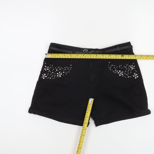 Denim Co. Girls Black Chino Shorts 13 Years Cotton Stretch Embellished