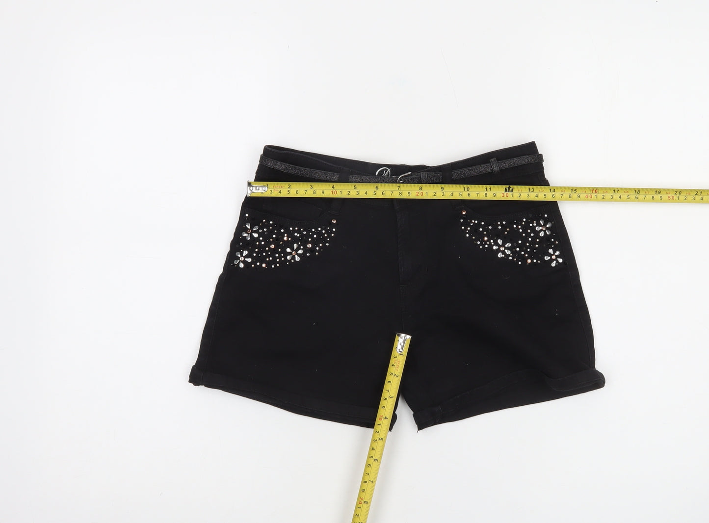 Denim Co. Girls Black Chino Shorts 13 Years Cotton Stretch Embellished