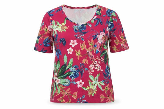 Front view of Olsen Women Floral Pink Short Sleeve T-Shirt, size 12, Cotton Blend