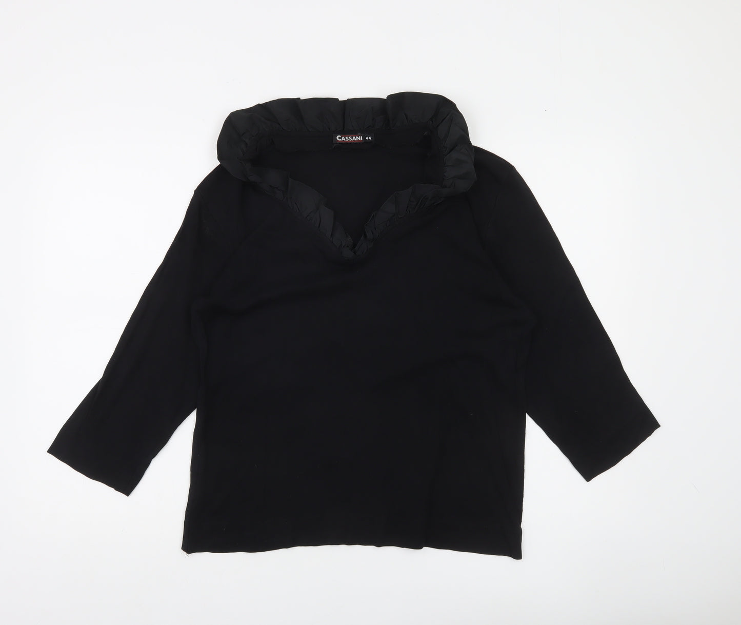 Cassani Women’s Black Tunic Blouse Size 16 Ruffle V-Neck 3/4 Sleeve