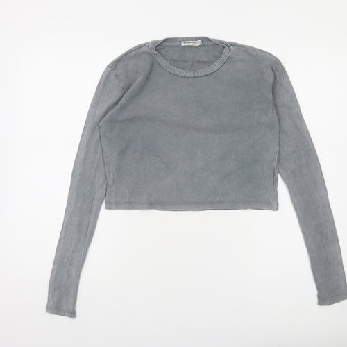 Stradivarius Women's Grey Cropped Long Sleeve Ribbed T-Shirt Size 10