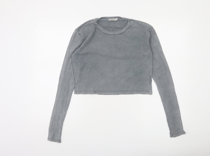 Stradivarius Women's Grey Cropped Long Sleeve Ribbed T-Shirt Size 10