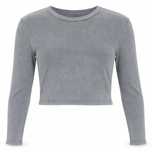 Stradivarius Women's Grey Cropped Long Sleeve Ribbed T-Shirt Size 10