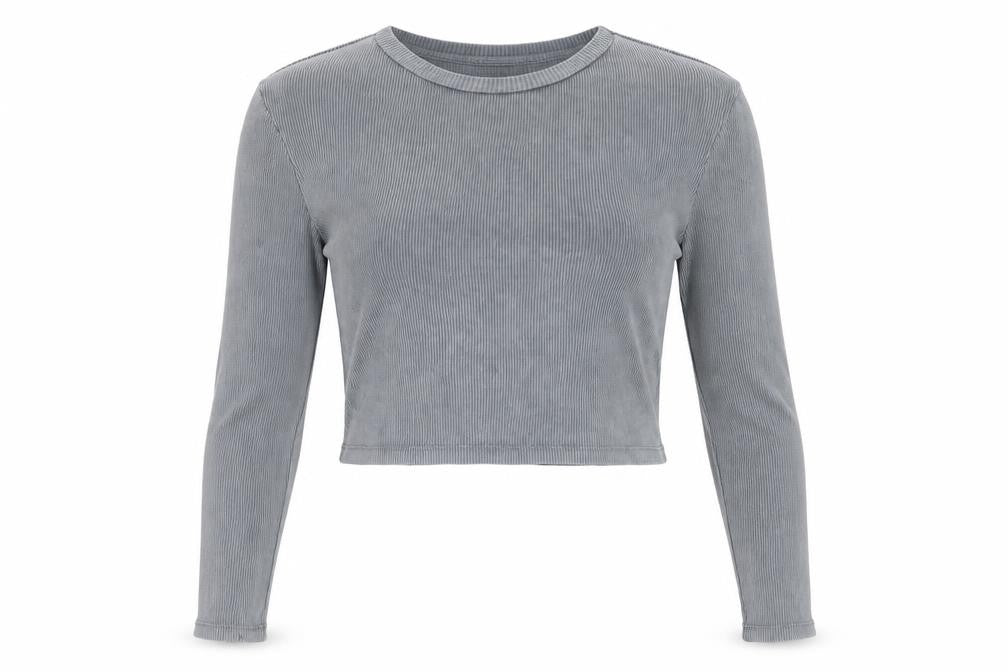 Stradivarius Women's Grey Cropped Long Sleeve Ribbed T-Shirt Size 10