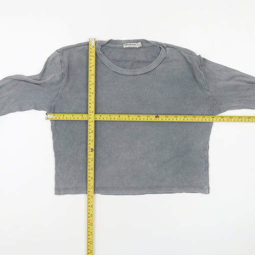 Stradivarius Women's Grey Cropped Long Sleeve Ribbed T-Shirt Size 10