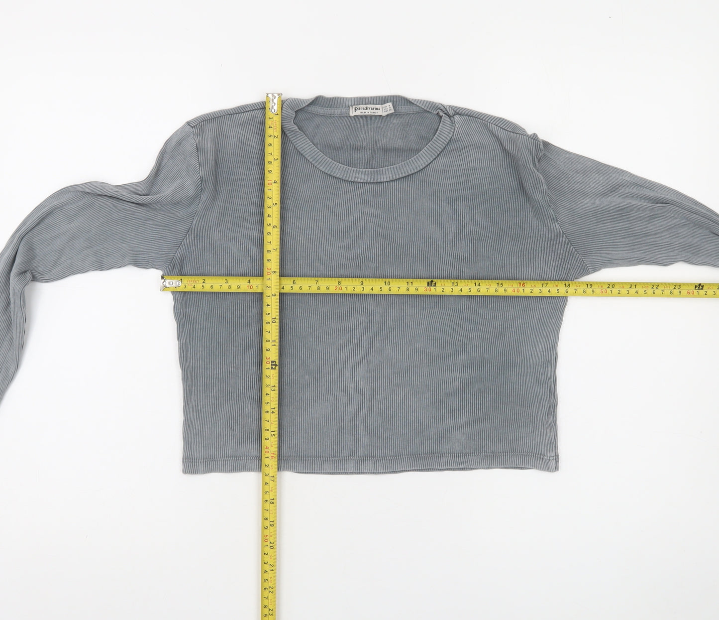 Stradivarius Women's Grey Cropped Long Sleeve Ribbed T-Shirt Size 10