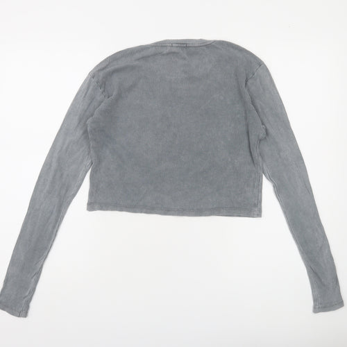 Stradivarius Women's Grey Cropped Long Sleeve Ribbed T-Shirt Size 10