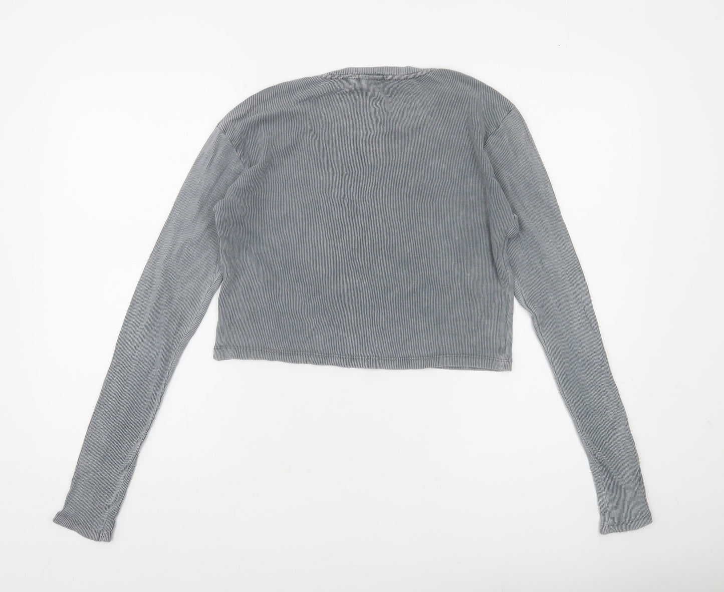 Stradivarius Women's Grey Cropped Long Sleeve Ribbed T-Shirt Size 10