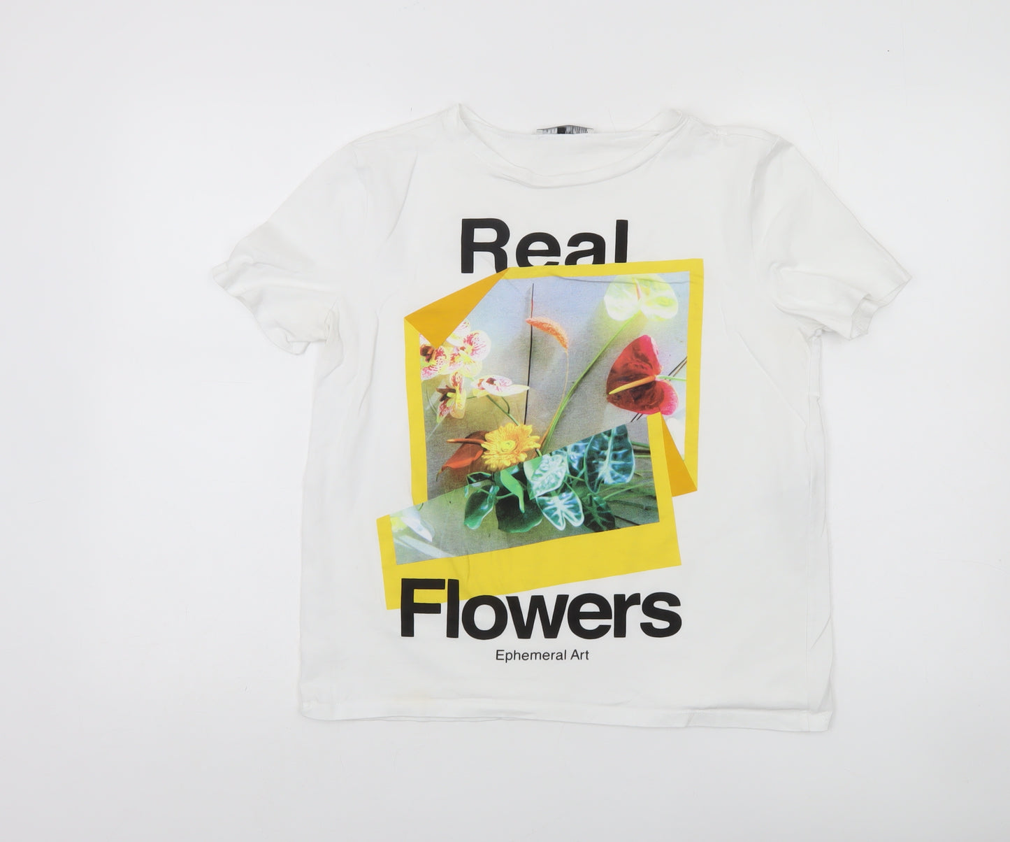 Zara Women’s White Floral Graphic T-Shirt Size 8