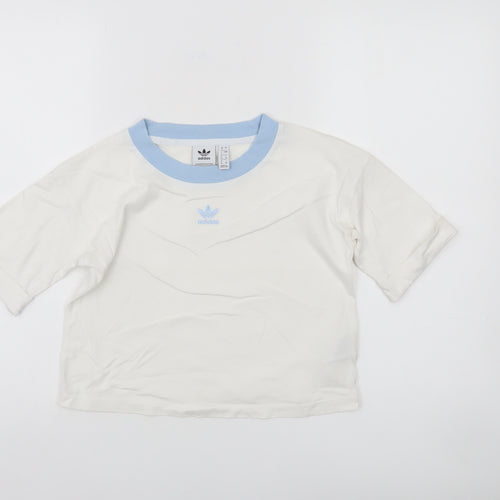 Adidas Womens White Blue Ringer Cotton T-Shirt Size 8