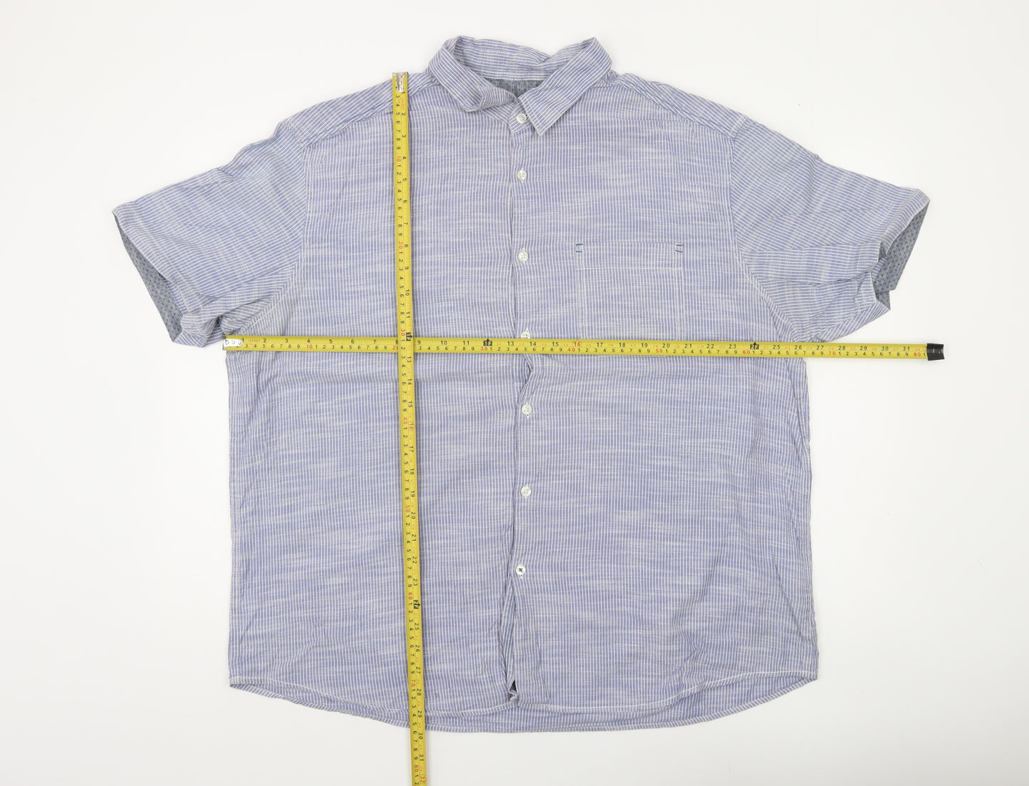 Marks and Spencer Men’s Blue 2XL Short Sleeve Striped Cotton Button-Up Shirt
