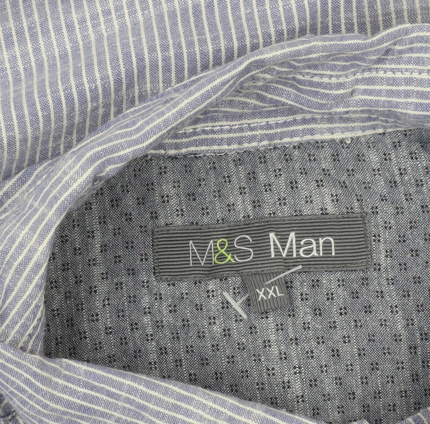 Marks and Spencer Men’s Blue 2XL Short Sleeve Striped Cotton Button-Up Shirt