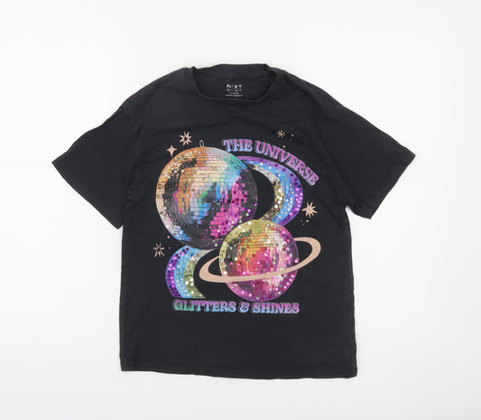 Next Girls Black Sequin Galaxy Graphic T-Shirt 7 Years - The Universe Glitters & Shines
