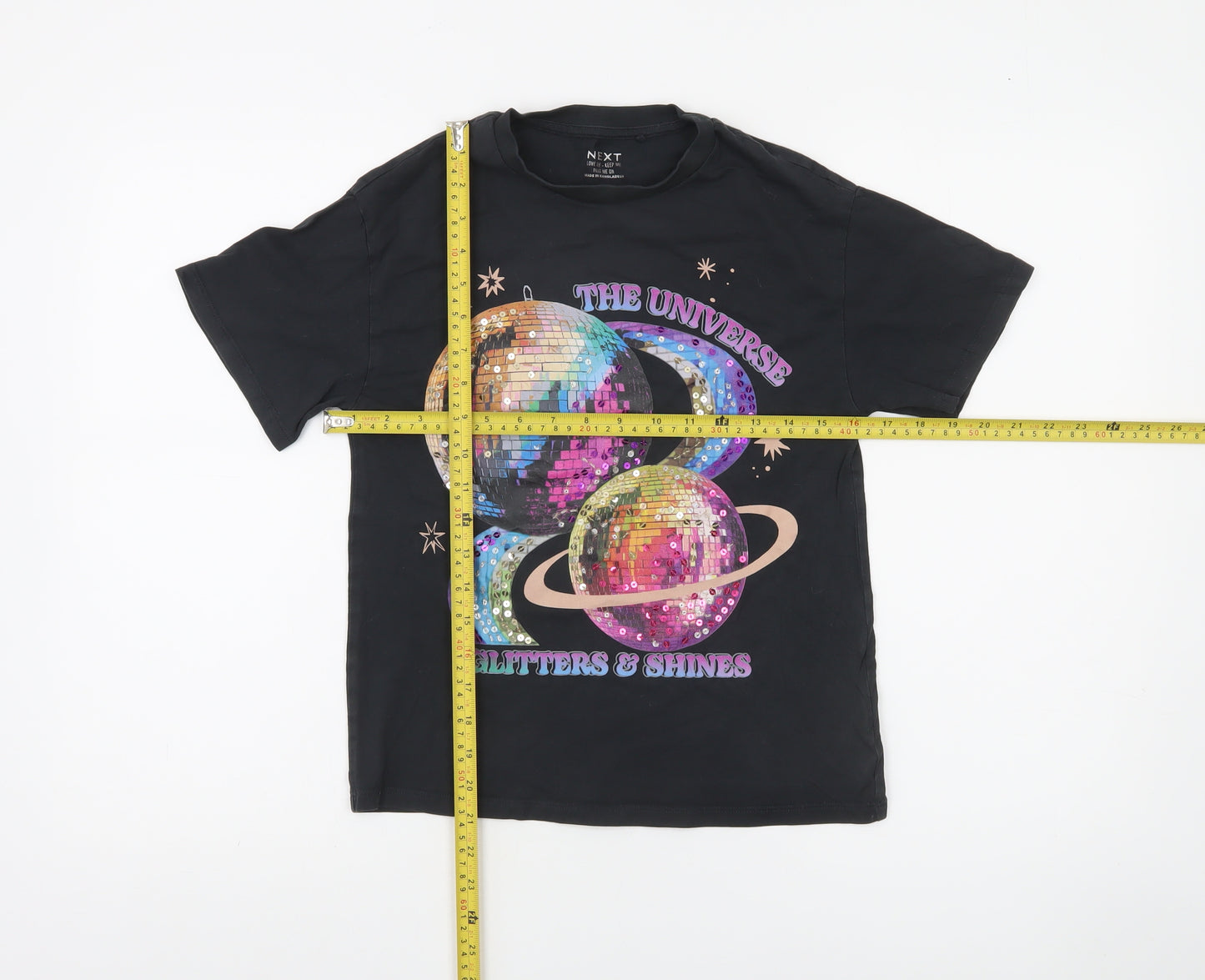Next Girls Black Sequin Galaxy Graphic T-Shirt 7 Years - The Universe Glitters & Shines