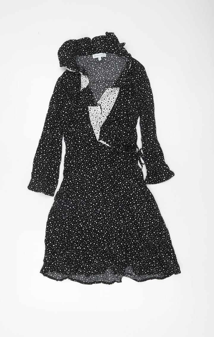 Warehouse Womens Black Star Print Wrap Dress Size 8 Viscose
