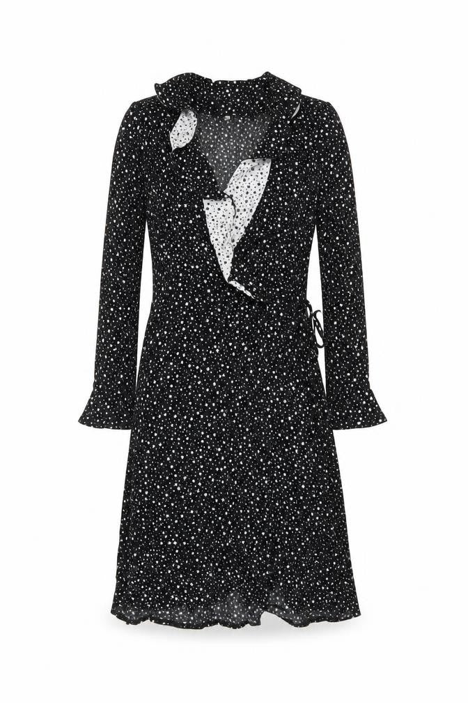 Front view of Warehouse women’s black star print wrap dress, size UK 8, viscose