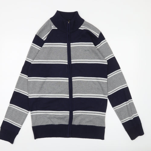 Lee Cooper Men's Grey Navy Striped Full Zip Jumper Size M