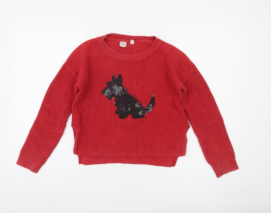 GAP Kids Girls Red Sequin Dog Cotton Jumper 10-11 Years Pullover