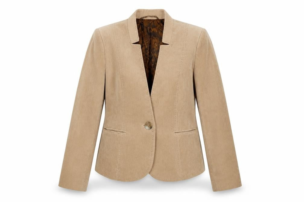 Front view of Country Casuals Women Beige Corduroy One-Button Blazer, size 12, Classic Fit