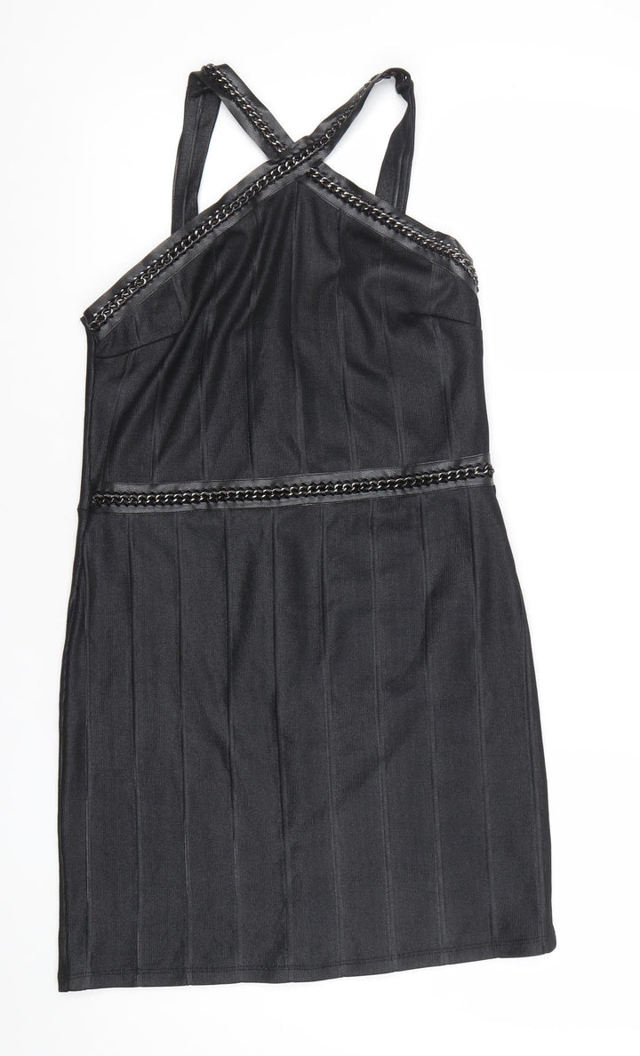 Topshop Women's Black Bodycon Short Dress Size 10 Sleeveless V-Neck Party