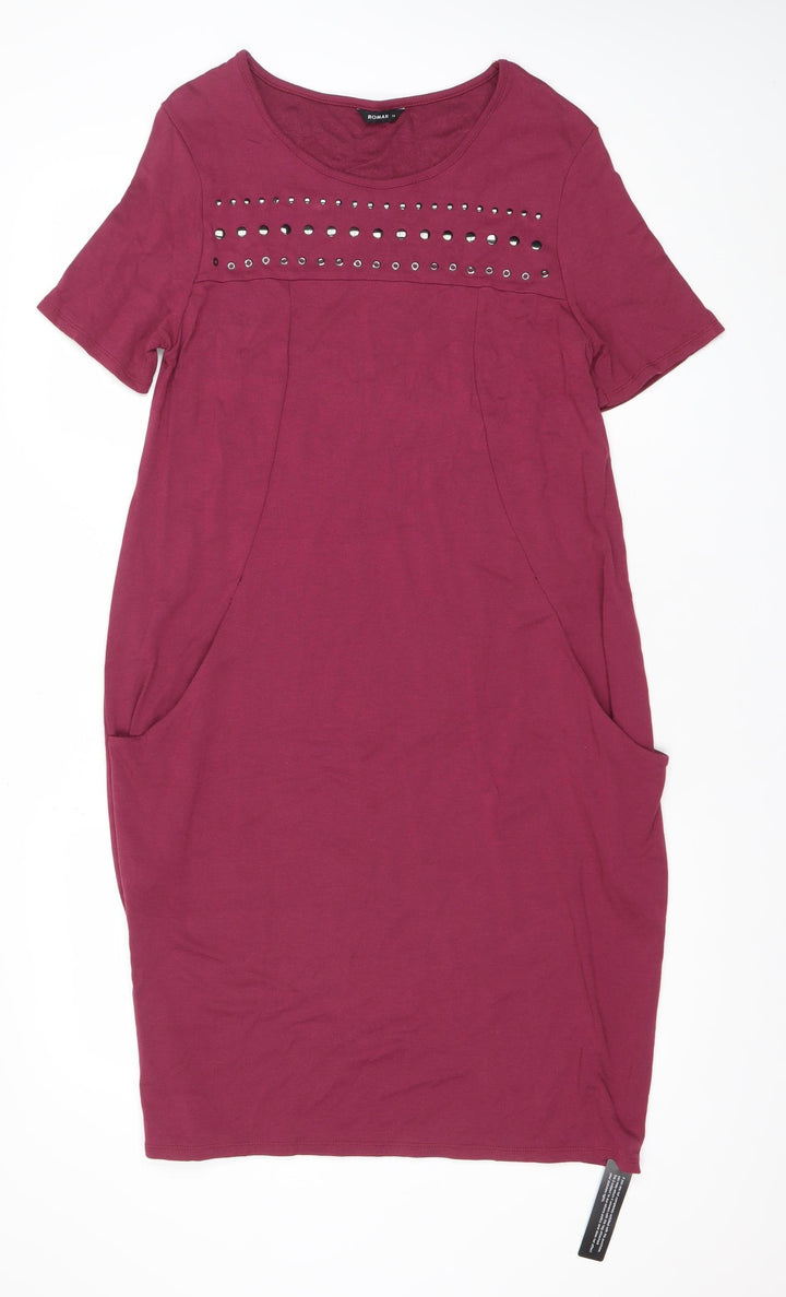 Roman Women’s Purple Studded Shift Dress Size 14 Short Sleeve Knee Length