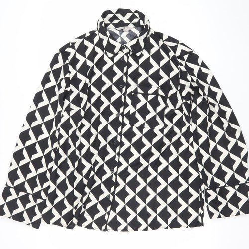 H&M Womens Black Geometric Button-Up Shirt Size M Long Sleeve Polyester