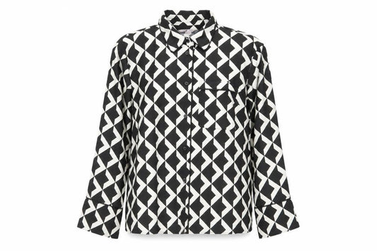 Front view of H&M women’s black geometric button-up shirt, size M, long sleeve polyester