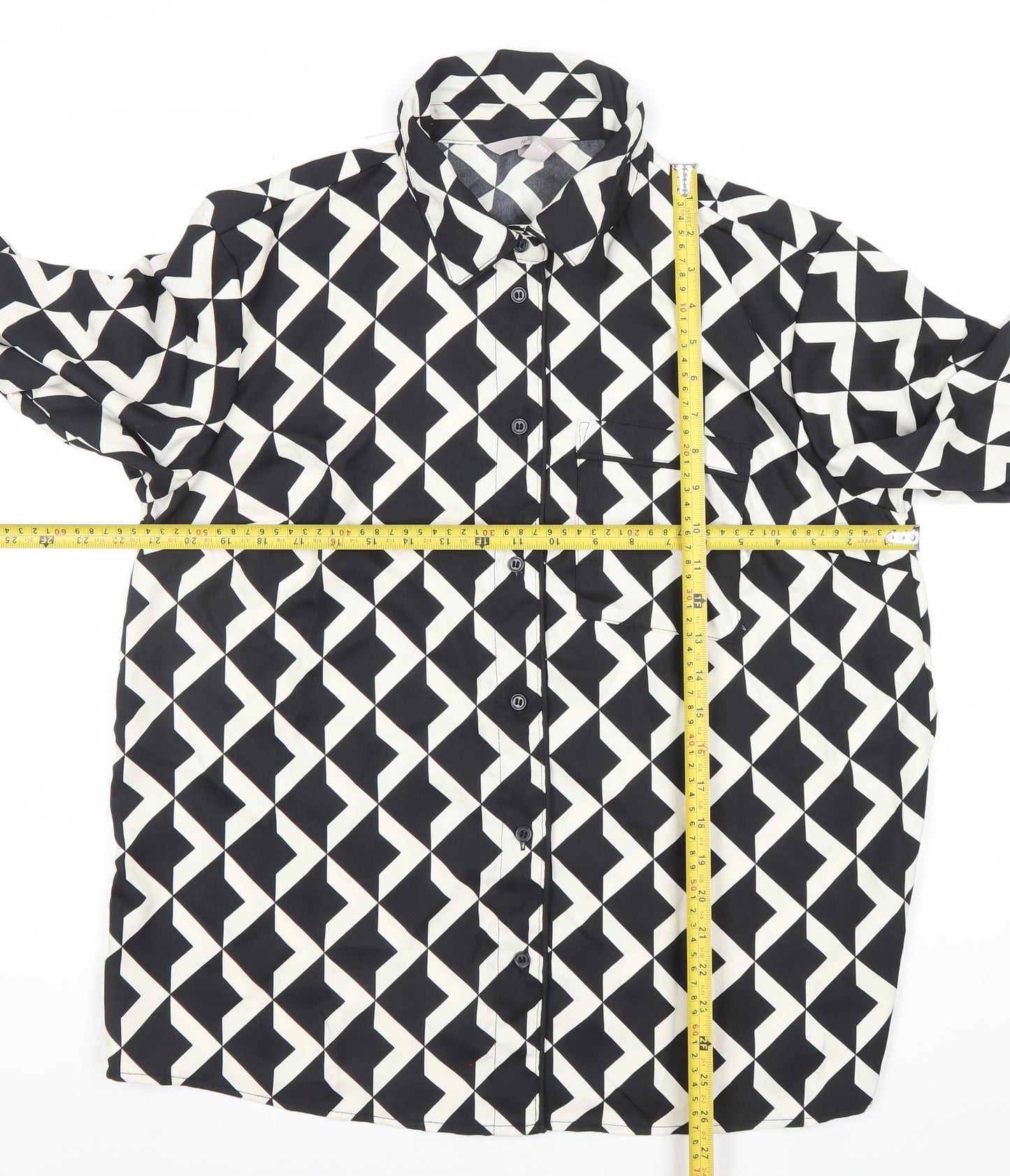 H&M Womens Black Geometric Button-Up Shirt Size M Long Sleeve Polyester