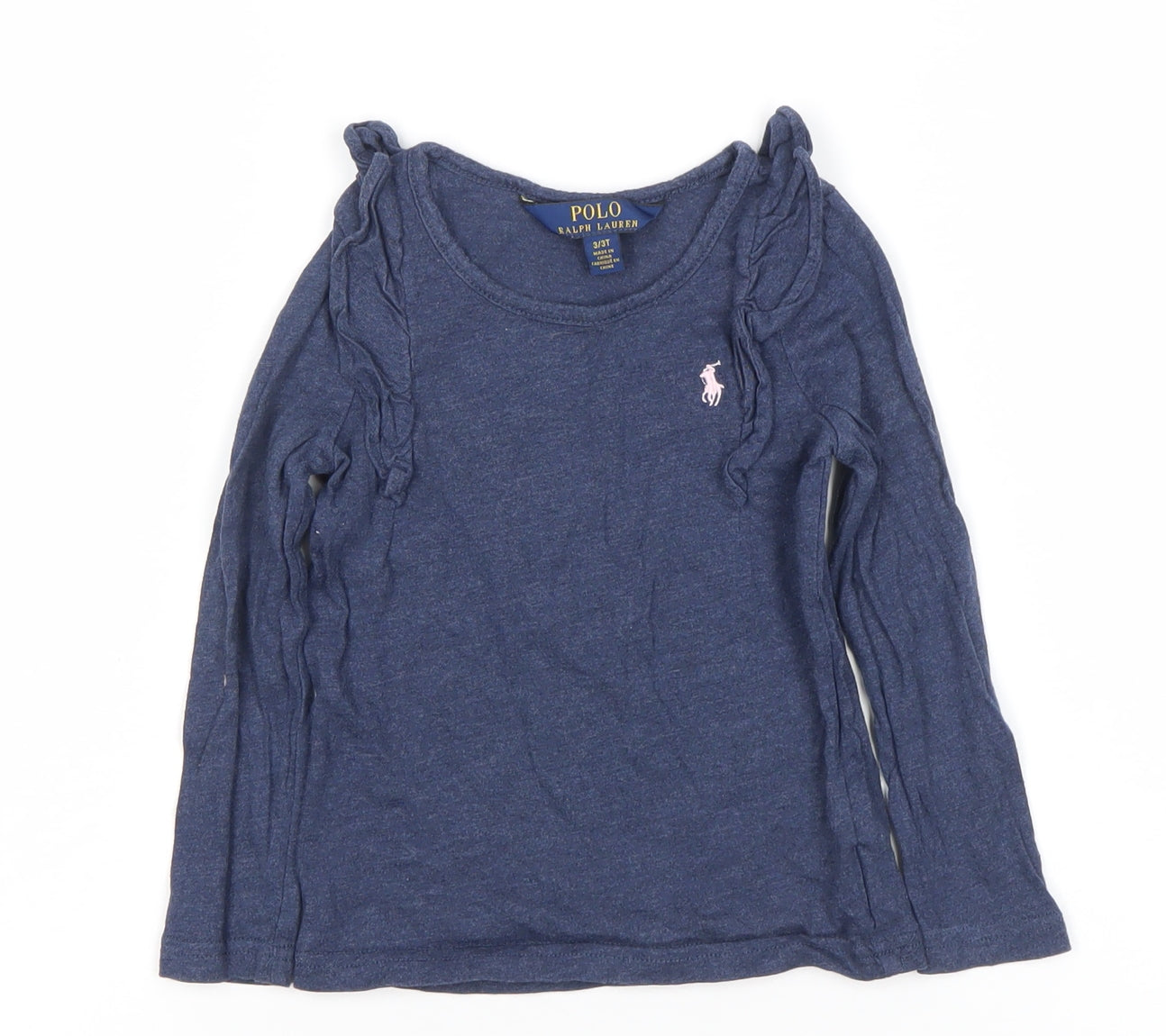 Ralph Lauren Girls Blue Long Sleeve Ruffle Logo T-Shirt 3 Years