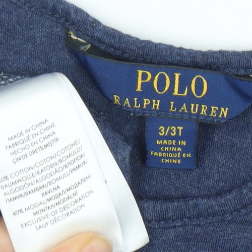 Ralph Lauren Girls Blue Long Sleeve Ruffle Logo T-Shirt 3 Years