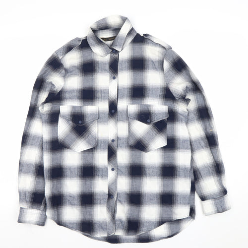Zara Women Blue Check Cotton Button-Up Shirt Size 12