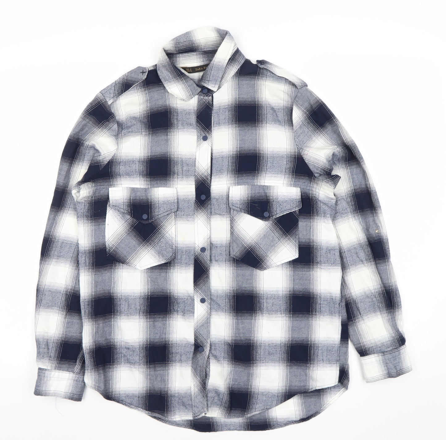 Zara Women Blue Check Cotton Button-Up Shirt Size 12