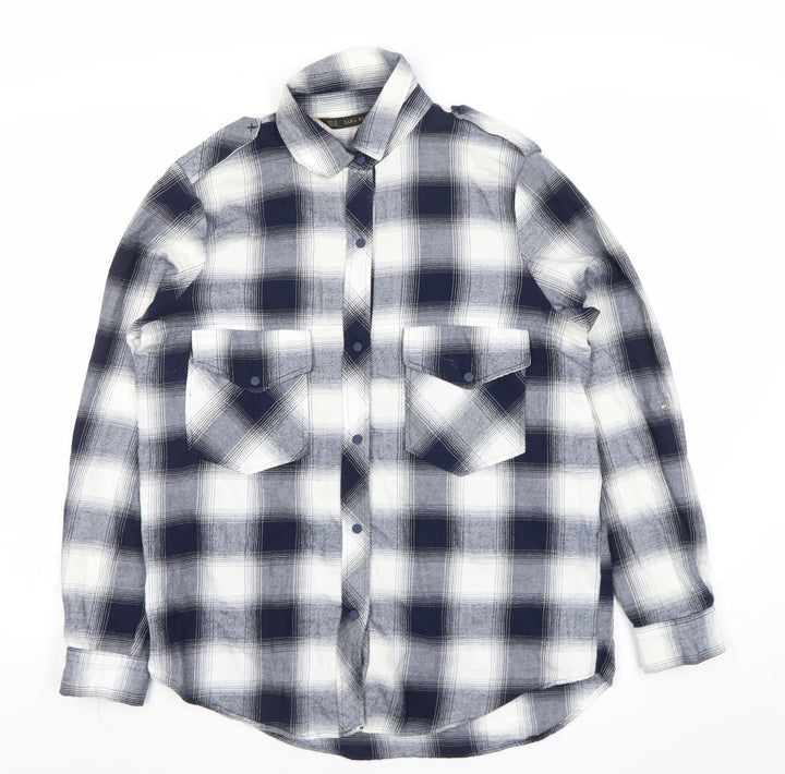 Zara Women Blue Check Cotton Button-Up Shirt Size 12