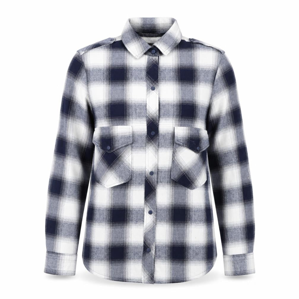 Front view of Zara Women Blue Check Cotton Button-Up Shirt, size 12