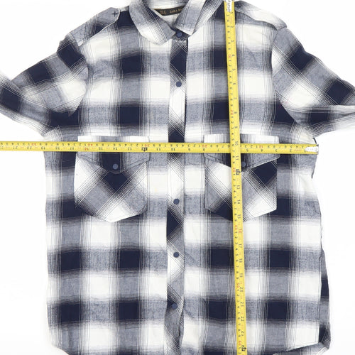 Zara Women Blue Check Cotton Button-Up Shirt Size 12