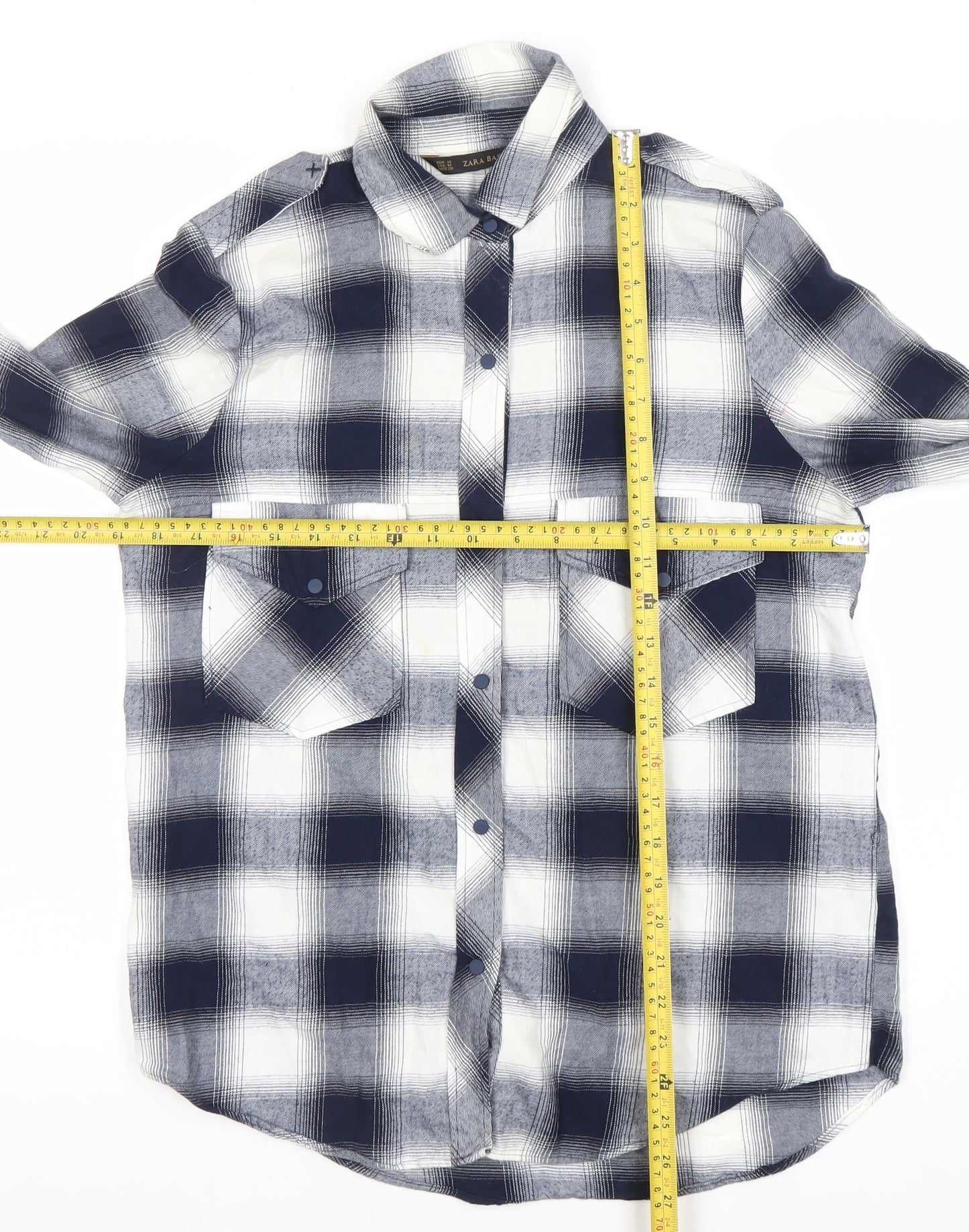 Zara Women Blue Check Cotton Button-Up Shirt Size 12