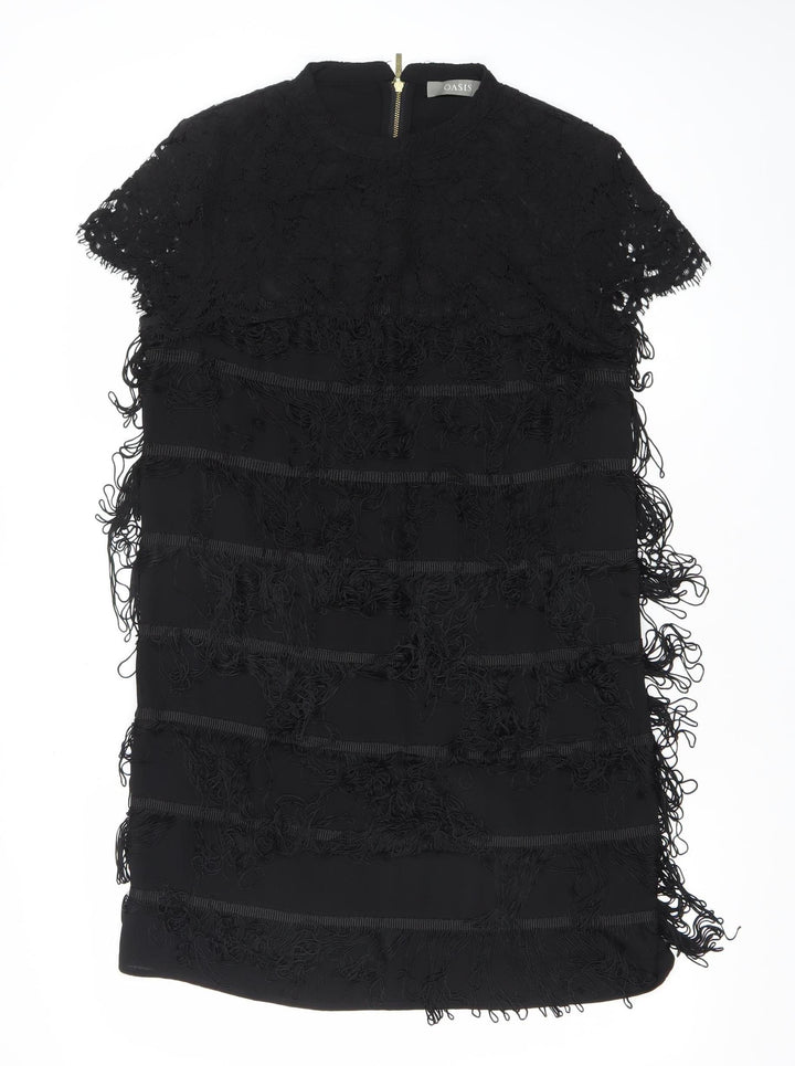 Oasis Women’s Black Lace Fringe Short Sleeve Shift Dress UK 12