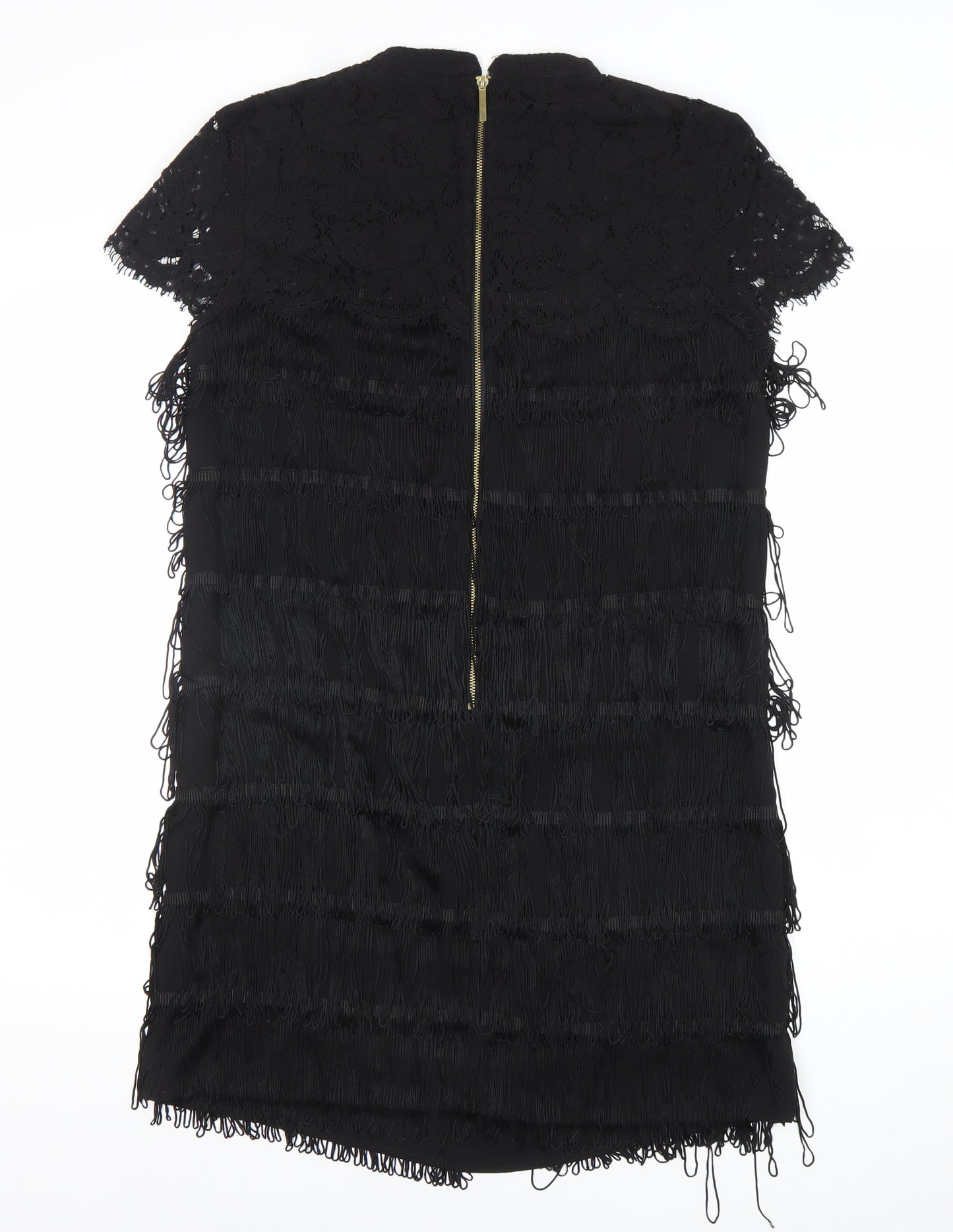 Oasis Women’s Black Lace Fringe Short Sleeve Shift Dress UK 12