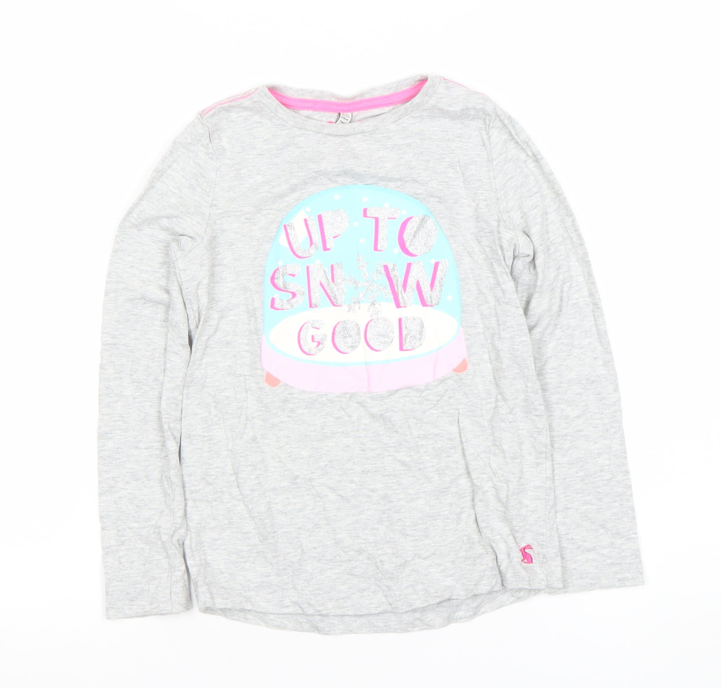 Joules Girls Grey Long Sleeve T-Shirt 7-8 Years Glitter Graphic Snow Globe Design
