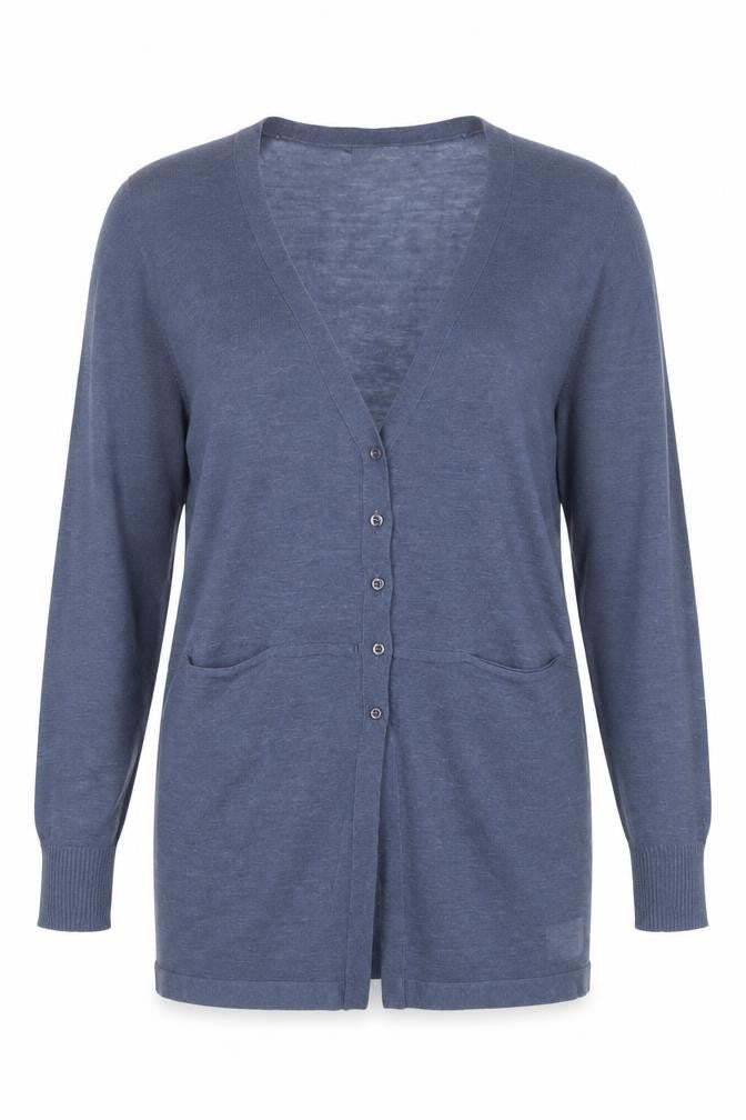 Front view of Rage Women’s Blue V-Neck Long Sleeve Button Cardigan, size M