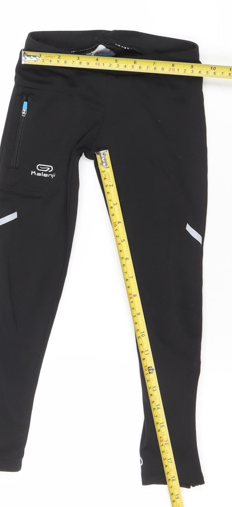 Kalenji Girls Black Running Leggings 8-9 Years Reflective Zip Pocket