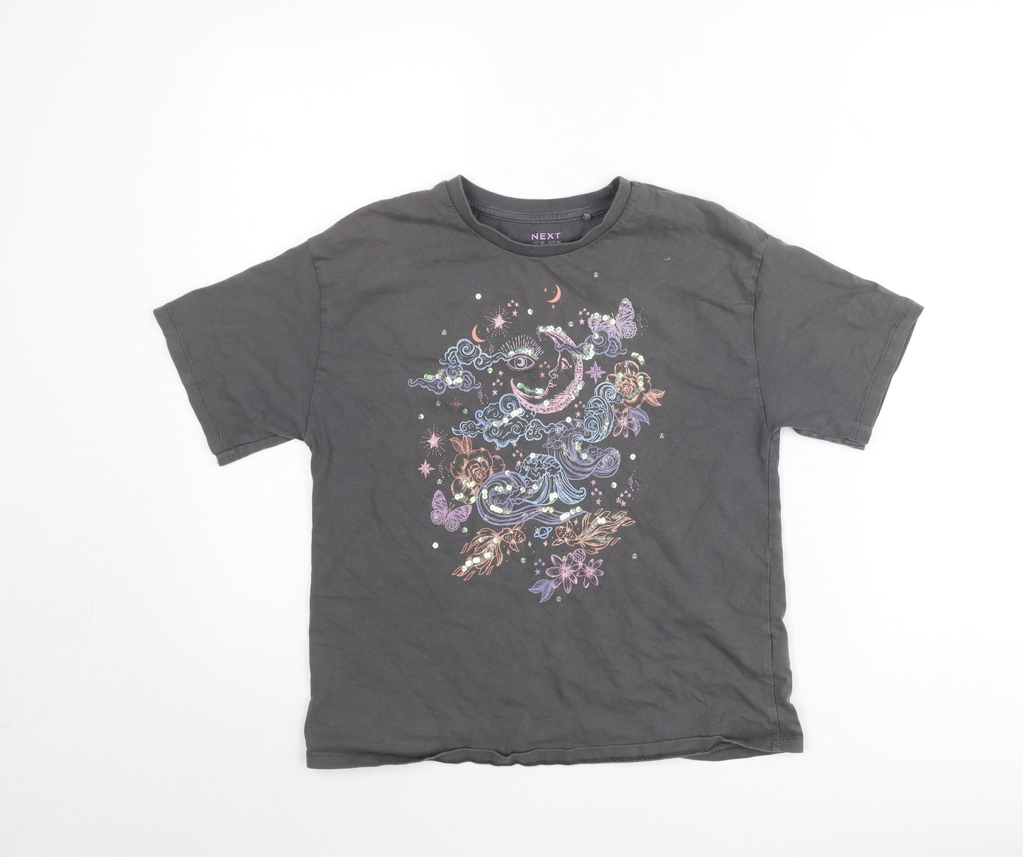 Next Girls Black Celestial Graphic T-Shirt 11-12 Years Cotton Short Sleeve