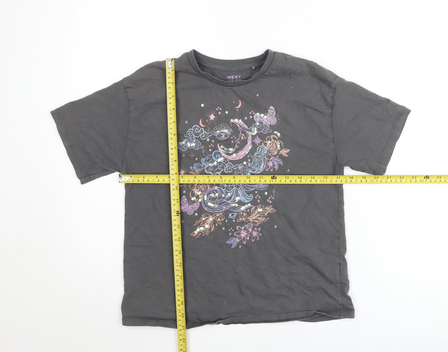 Next Girls Black Celestial Graphic T-Shirt 11-12 Years Cotton Short Sleeve