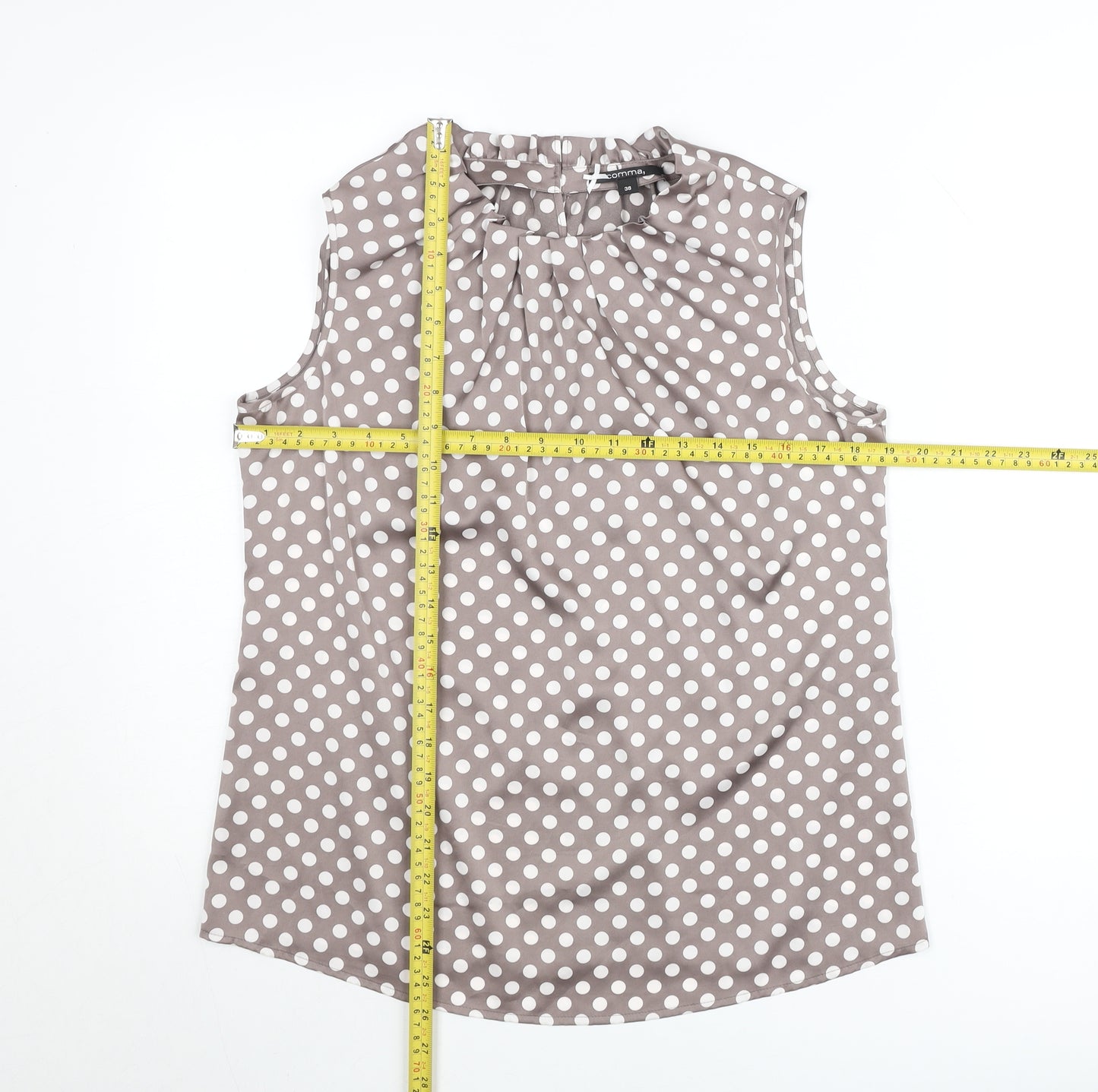 Comma Women's Brown Polka Dot Sleeveless Satin Blouse Size 10