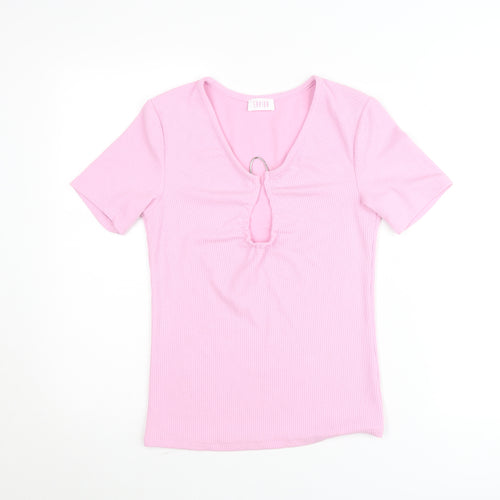 Savida Women’s Pink V-Neck Keyhole Short Sleeve Fitted T-Shirt Size 10