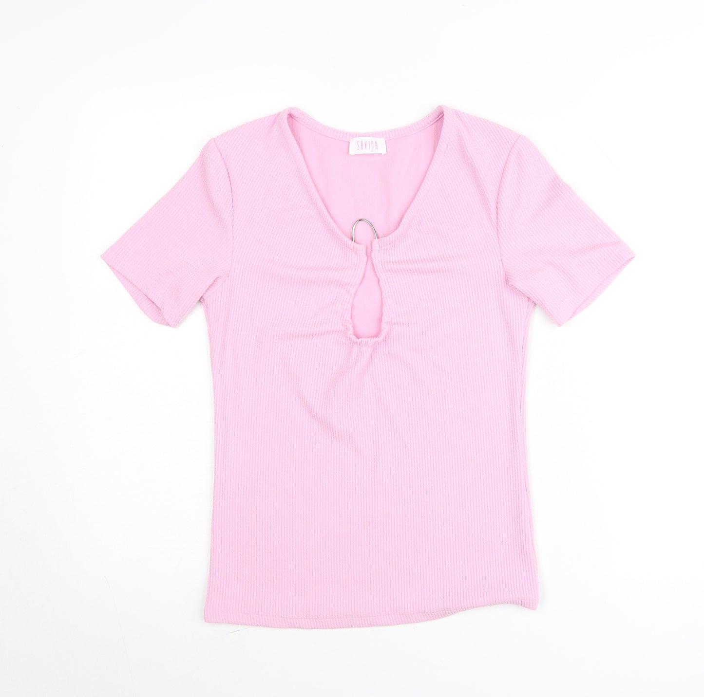 Savida Women’s Pink V-Neck Keyhole Short Sleeve Fitted T-Shirt Size 10
