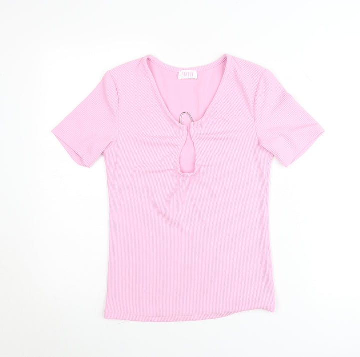 Savida Women’s Pink V-Neck Keyhole Short Sleeve Fitted T-Shirt Size 10