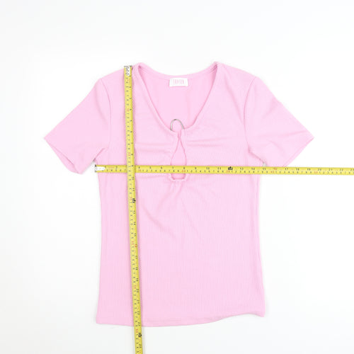 Savida Women’s Pink V-Neck Keyhole Short Sleeve Fitted T-Shirt Size 10