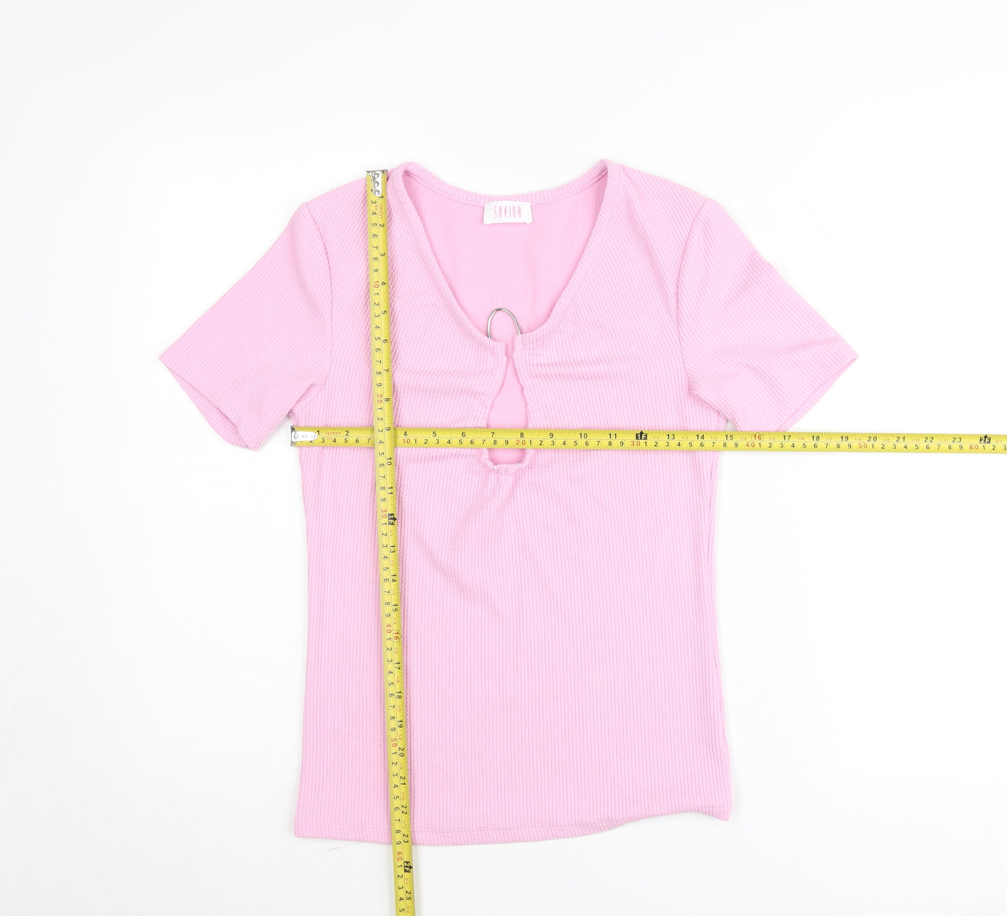 Savida Women’s Pink V-Neck Keyhole Short Sleeve Fitted T-Shirt Size 10